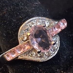 Silvertone Women's Ring With Pink And Clear Faux Diamonds Size 11 1/4